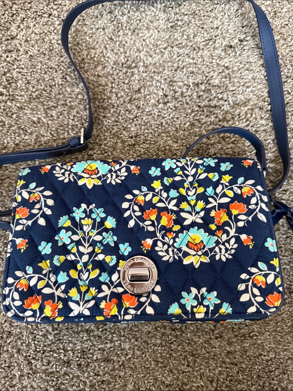Vera Bradley Chandelier Floral Blue Turn Lock Bag Crossbody Purse